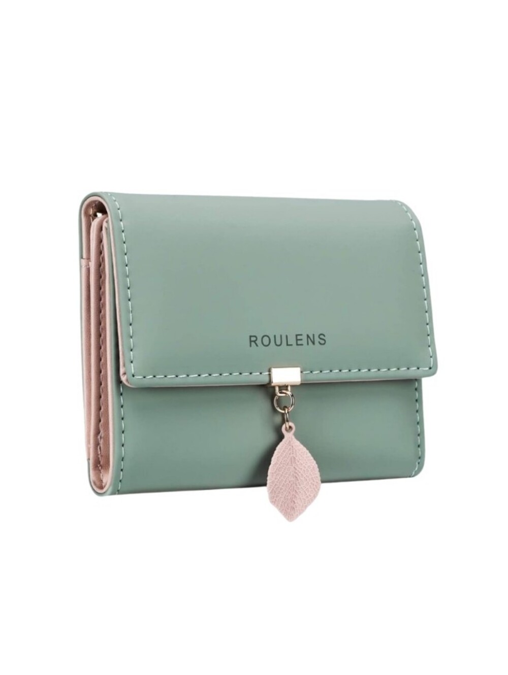 Roulens RFID Green Blush Pink Faux Leather Bifold Snap Wallet